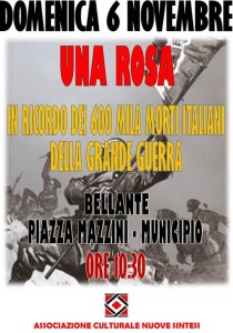 Domenica 6 novembre, ricorderemo i caduti della "Guerra Liberatrice" : Il 4 novembre si celebra la vittoria dell’Italia nella guerra ’15-’18.  Ma la Prima Guerra Mondiale fu per noi la “Quarta guerra d’indipendenza”, la guerra che avrebbe dovuto restituire alla madrepatria le terre irredente di Trento e Trieste. Per ottenere quel risultato, ci vollero 600mila morti, quasi un milione tra feriti e mutilati, altri 600 mila tra dispersi e prigionieri: ricordiamoli tutti, ricordiamone il valore, ma non dimentichiamo le sofferenze patite al fronte e a casa nel sogno di un’Italia finalmente unita. Onore ai Caduti e alle loro famiglie, onore ai reduci, onore a chi non tornò mai. L’Appuntamento, per chi ritiene di partecipare, è a Bellante Paese in Piazza Mazzini alle ore 10.30. Da Piazza Mazzini, poi, composti e disciplinati ci recheremo a Piazza Arengo ove è sita la Lapide in memoria dei nostri caduti. Rose e tricolori per i nostri caduti!